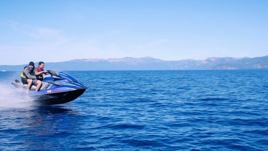 sea, ocean, water, waves, nature, blue, horizon, mountain, sky, clouds, jet ski, ride, blue sky, sport, adventure