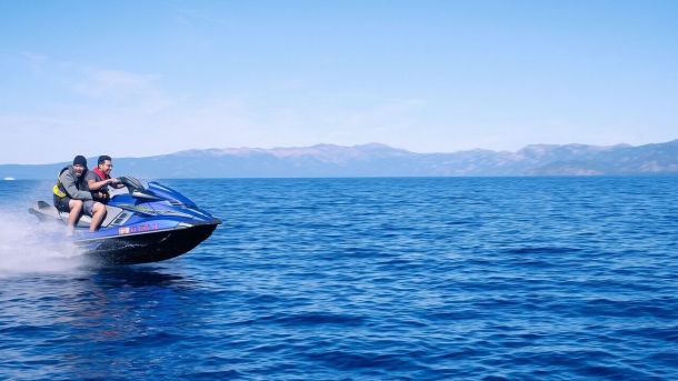 sea, ocean, water, waves, nature, blue, horizon, mountain, sky, clouds, jet ski, ride, blue sky, sport, adventure