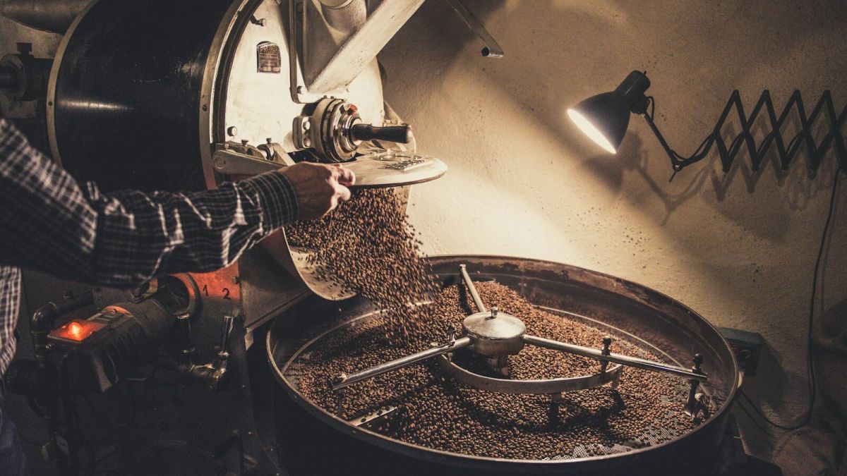 person pouring coffee beans on a machine