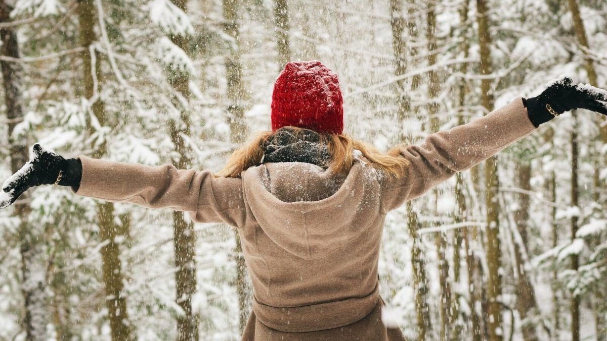 woman wearing hoodie spreading her arm near trees with snows