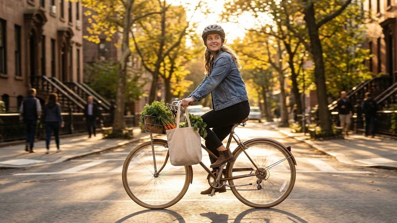 autumn, cycling, woman, bike, groceries, fresh food, healthy lifestyle, urban, city, street, fall, season, transportation, outdoors, eco friendly, organic, vegetables, produce, helmet, lifestyle, sunny, daylight, active, ai generated