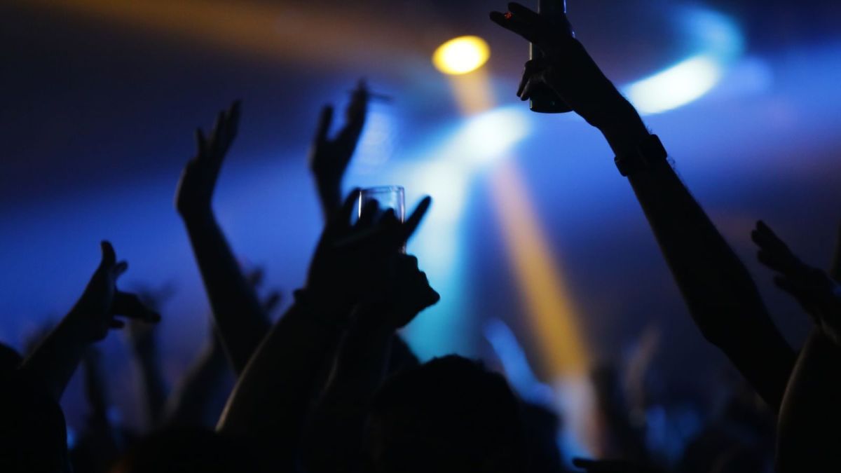 A lively nightclub scene with a crowd raising their hands, creating a vibrant nightlife atmosphere.